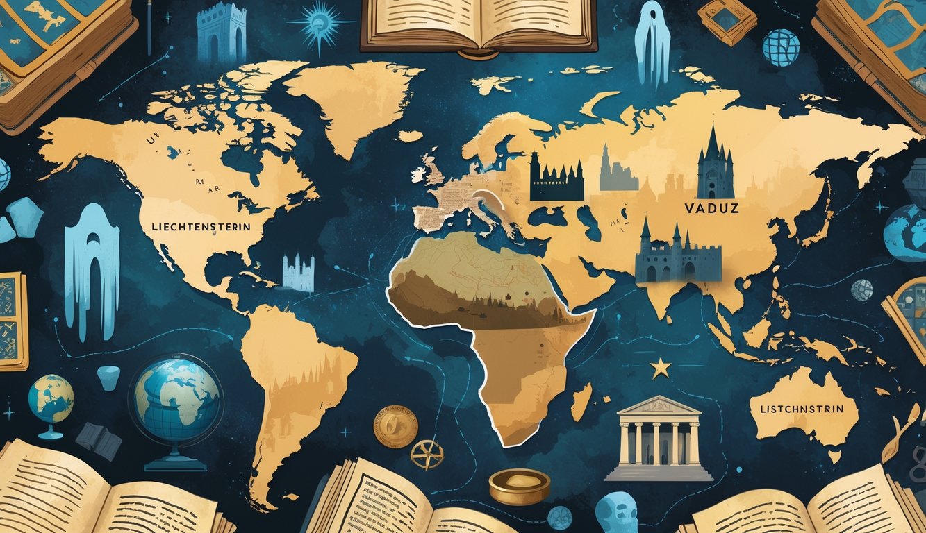 A detailed illustration showing a map of Liechtenstein surrounded by historical artifacts, a medieval castle, ancient manuscripts, and ghostly figures, representing the country's historical mysteries and global connections.