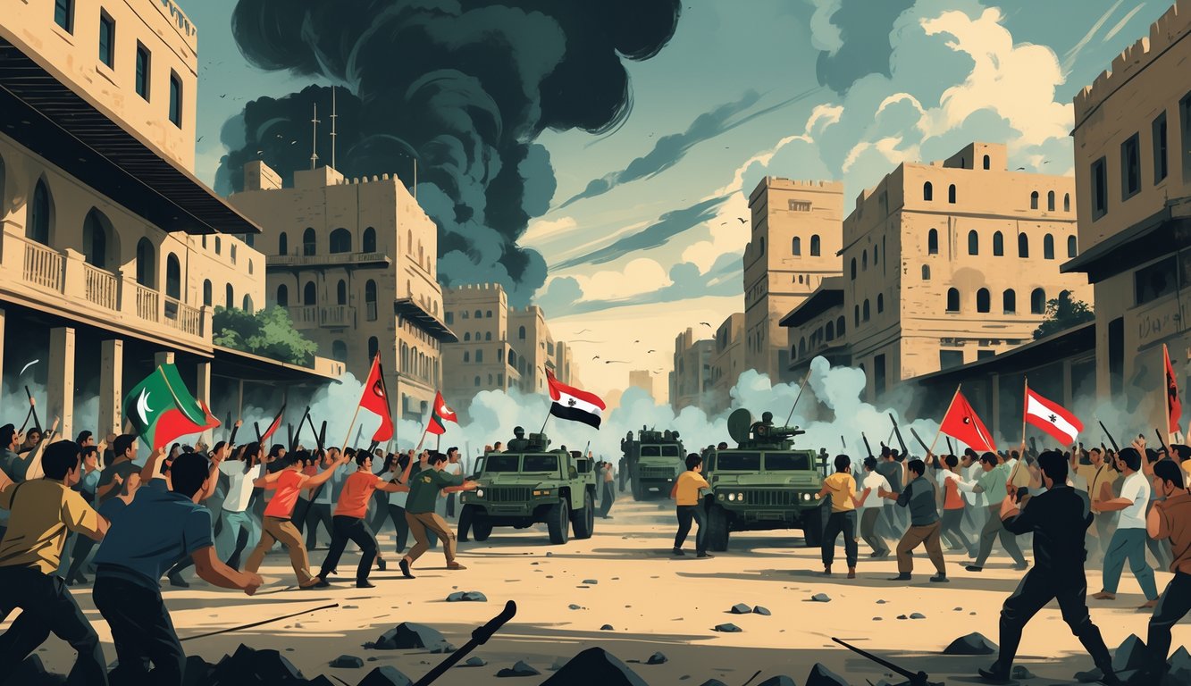 A crowded urban scene in Libya showing people protesting, military vehicles, and soldiers amid smoke and dramatic skies, symbolizing revolution and conflict.