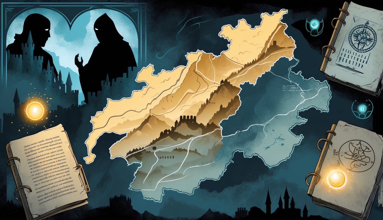 An illustration showing a map of Liechtenstein with mountains and castles, surrounded by mysterious medieval figures, ancient manuscripts, and a glowing artifact.