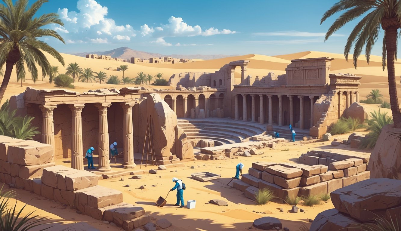 Archaeologists excavating ancient ruins in a desert landscape with stone columns, rock carvings, palm trees, and a distant village under a clear sky.