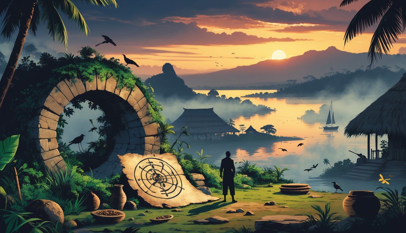 A scene showing an ancient stone circle surrounded by tropical plants near a traditional Malawian village by Lake Malawi at sunset, with a person studying an old map, evoking historical mystery.