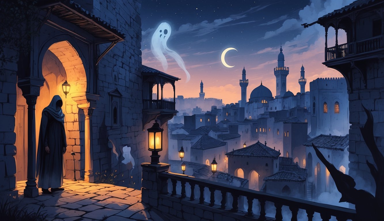 An ancient city street in Tripoli with stone buildings, a hooded figure near an archway, and faint mystical shapes in the twilight.