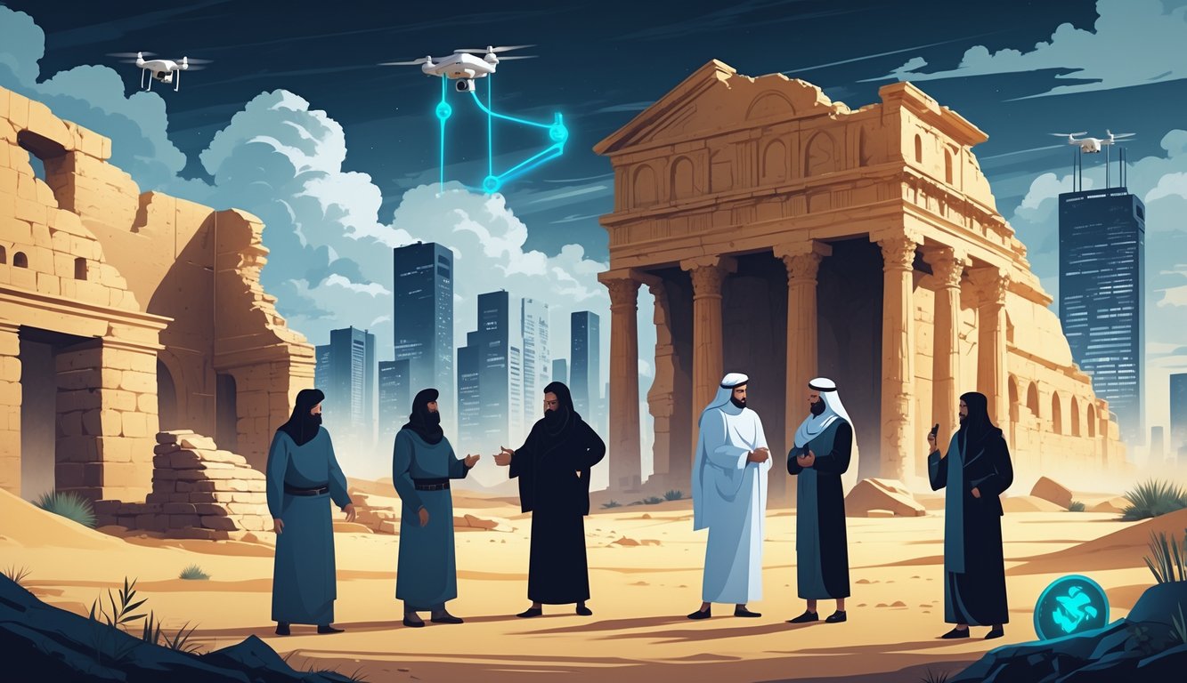 A desert scene with ancient ruins, shadowy figures in discussion, a modern city skyline with drones, and glowing symbols representing Libya's historical mysteries and security concerns.