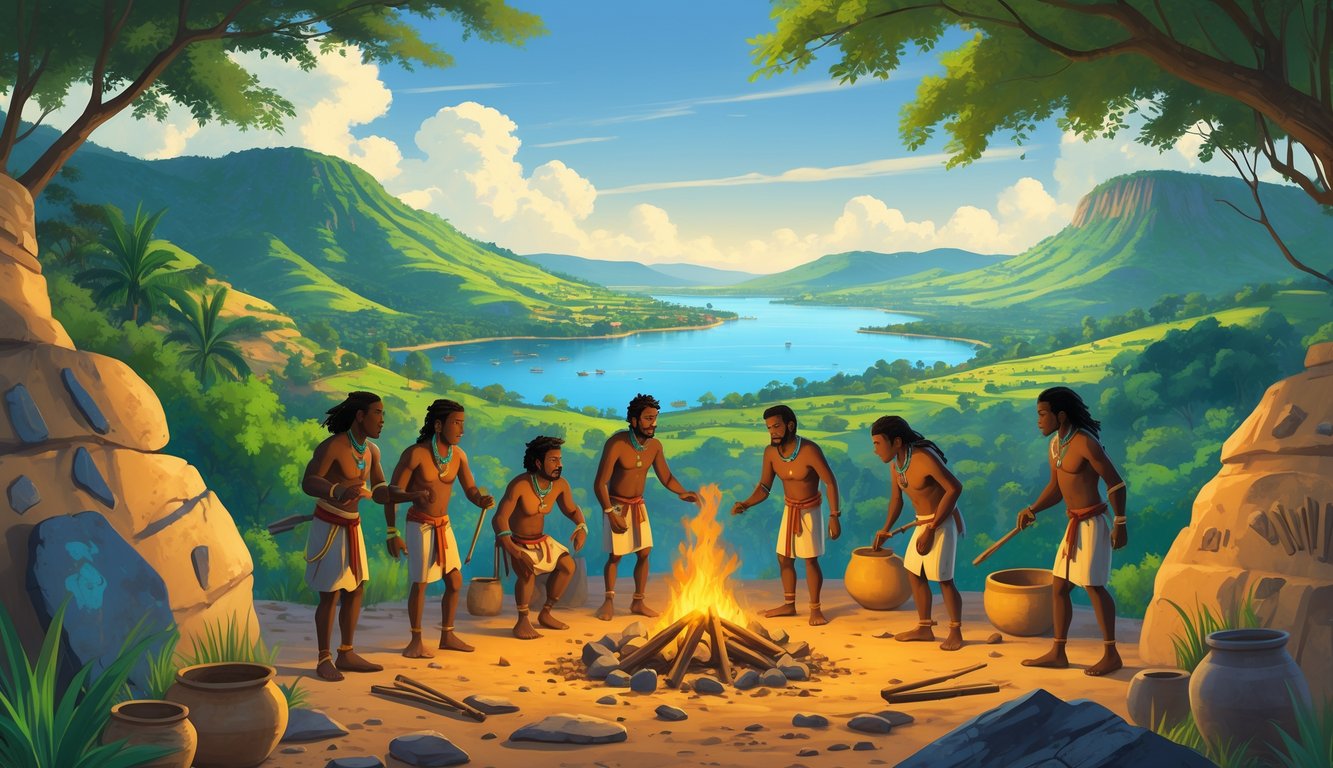 A group of early humans in prehistoric Malawi engaged in daily activities near Lake Malawi, surrounded by natural landscape and ancient artifacts.