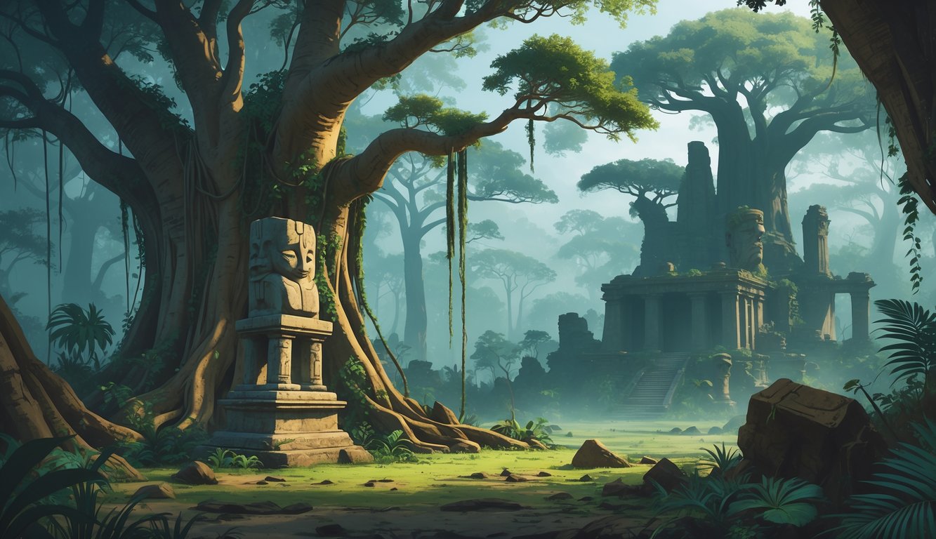 A mysterious ancient forest in Madagascar with baobab trees, old stone ruins, and traditional artifacts scattered on the ground.