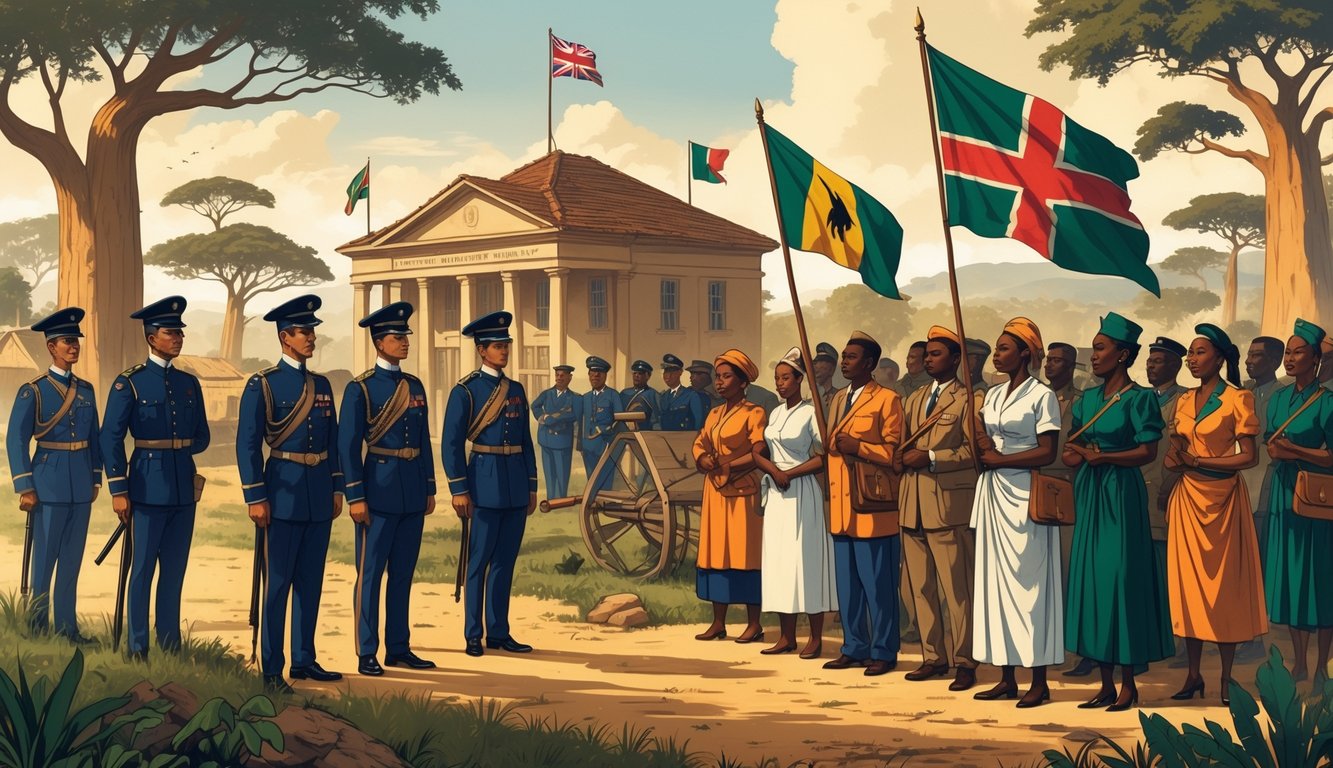 A scene showing colonial officers opposite Malawian nationalists holding banners, with a traditional village and baobab trees in the background.