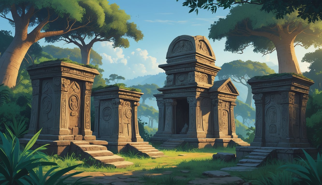 Ancient carved stone tombs surrounded by tropical trees and plants in a lush forest setting.