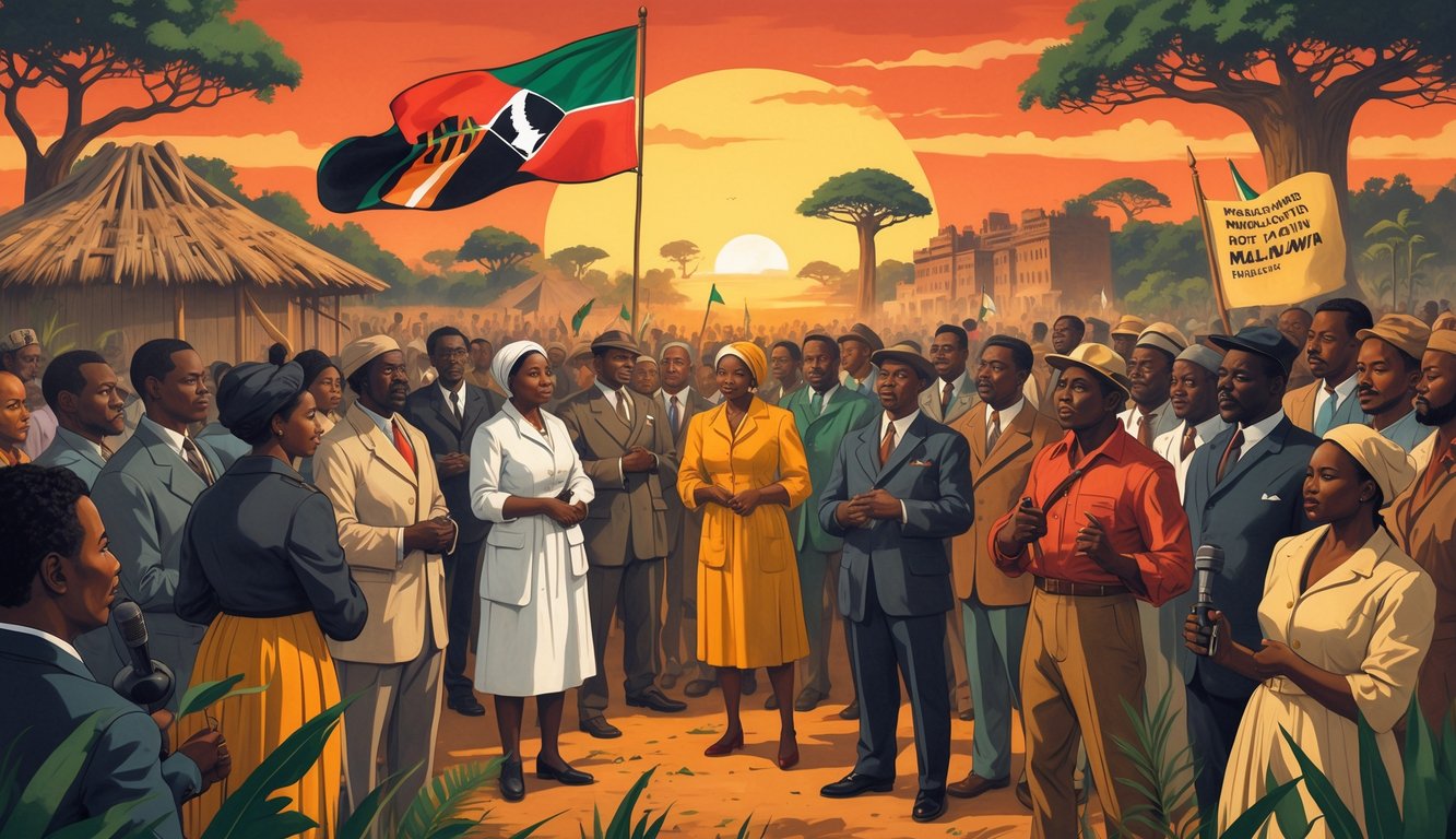 A group of Malawian freedom fighters and activists gathered outdoors with colonial buildings and traditional huts in the background, showing determination during the struggle for independence.