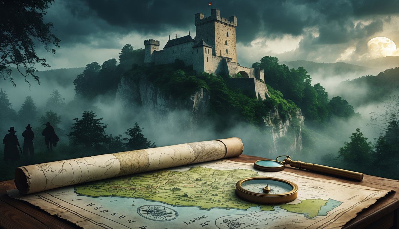 A mysterious ancient castle on a hill surrounded by misty forest, with an old map, compass, and magnifying glass on a table nearby.