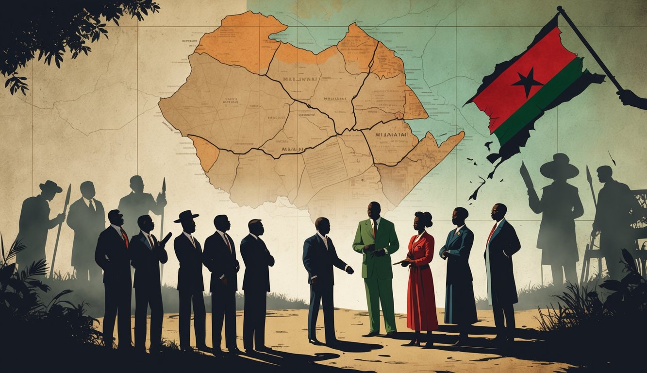 A group of Malawian people in traditional and historical clothing stand in front of a large, cracked map of Malawi, with shadowy political symbols in the background representing the country's post-independence one-party state period.