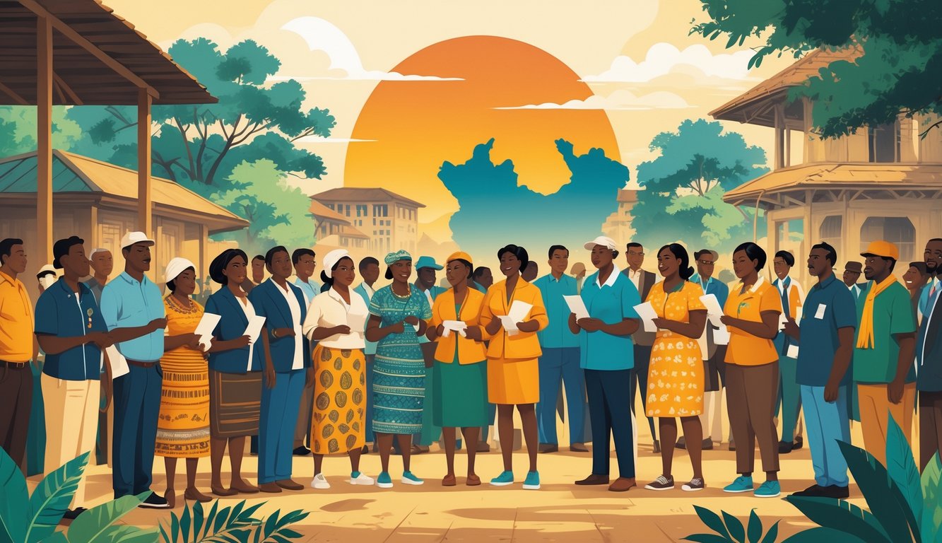 A group of Malawian people gathered in a public square, symbolizing unity and political change during the transition to multi-party democracy.