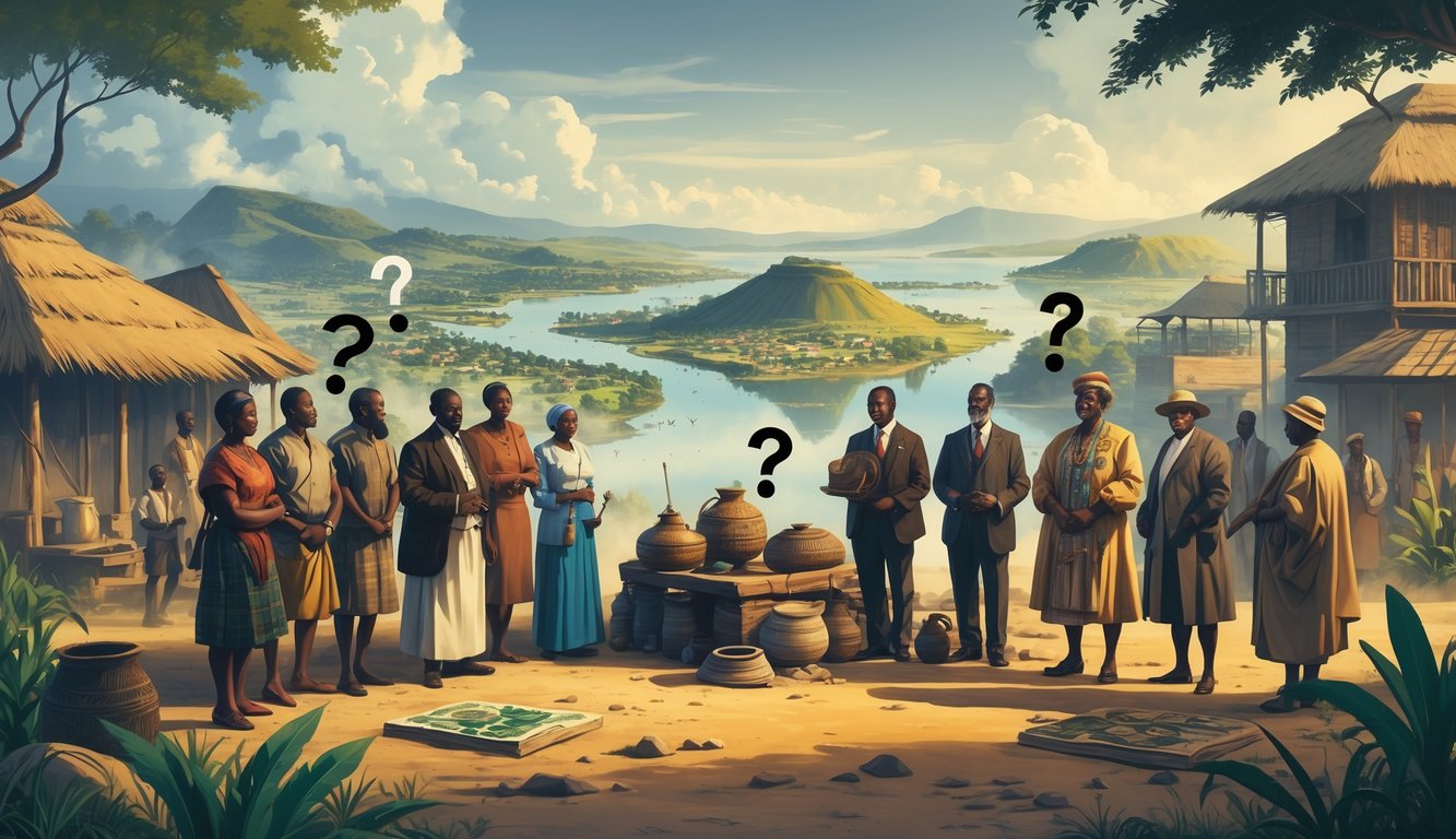 A group of Malawian people from different time periods surrounded by historical landmarks, artifacts, and economic symbols, set in a landscape blending traditional and modern elements with a mysterious atmosphere.