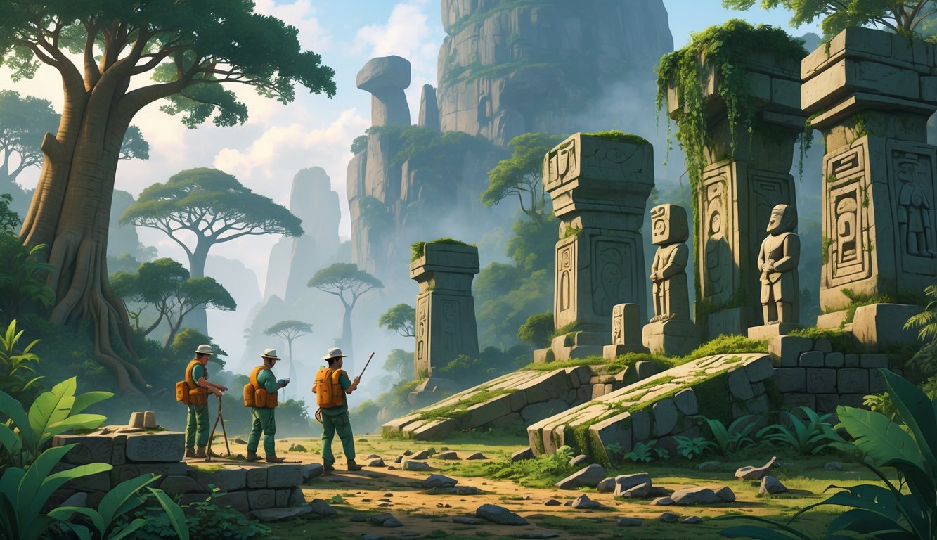 Archaeologists examining ancient stone ruins covered in moss and vines in a dense jungle with baobab trees and rocky hills in the background.