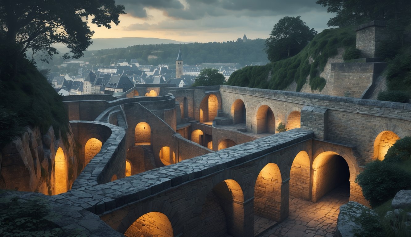 An underground stone fortress with tunnels and arches surrounded by greenery and the Luxembourg cityscape in the background under a cloudy sky.