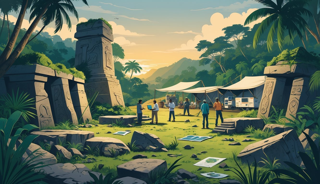 Researchers examining ancient ruins and artifacts in a tropical Madagascan jungle with a research camp in the background.