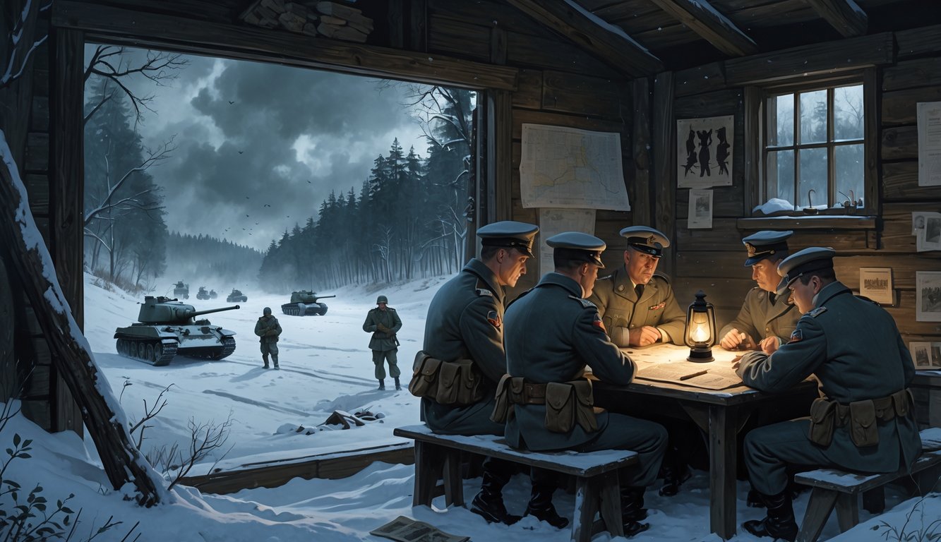 Soldiers inside a cabin studying a map by lantern light, with snowy forest and military vehicles outside, evoking a tense World War II winter scene in Luxembourg.