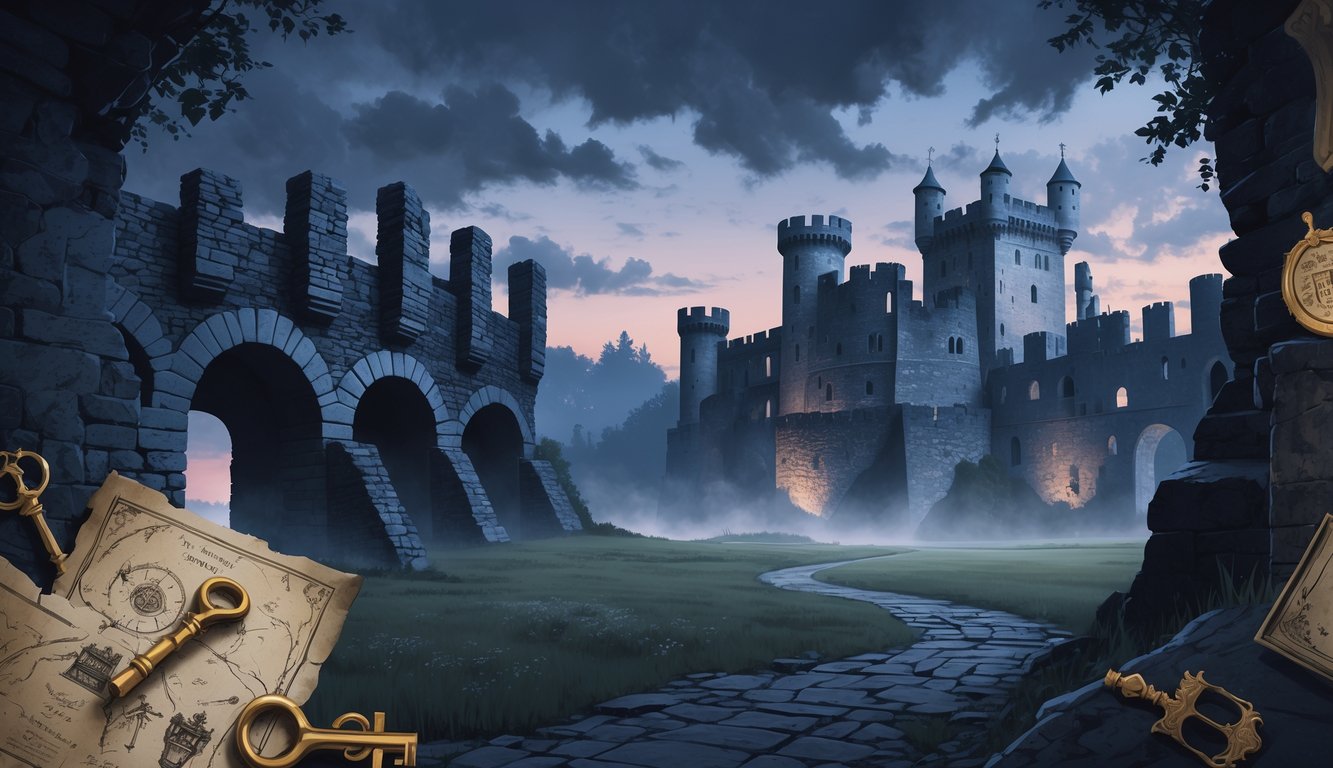 Illustration of Luxembourg's historic landmarks including ancient tunnels, a medieval castle in mist, and a grand palace, all surrounded by mysterious symbols and artifacts under a twilight sky.