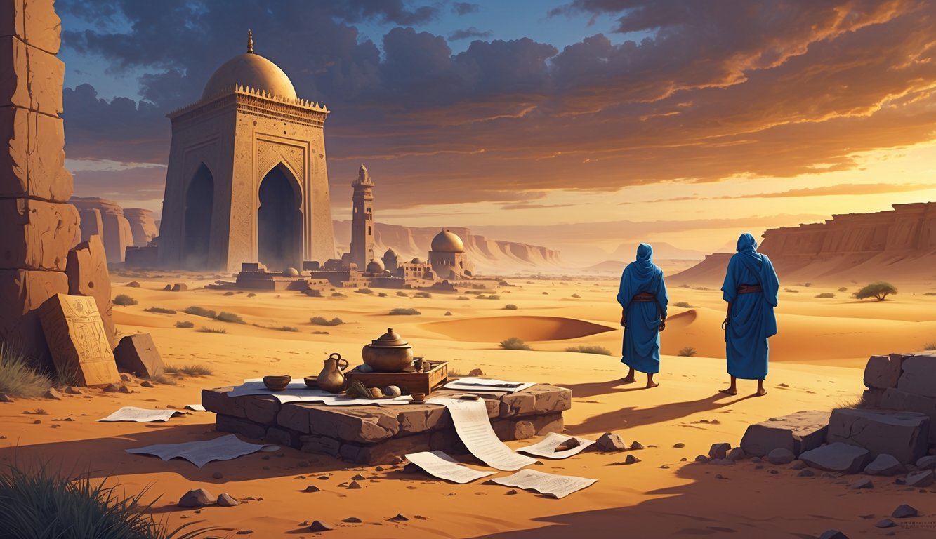 A desert scene in Mali with ancient ruins, traditional nomads examining artifacts, and a sunset sky, symbolizing historical mysteries.