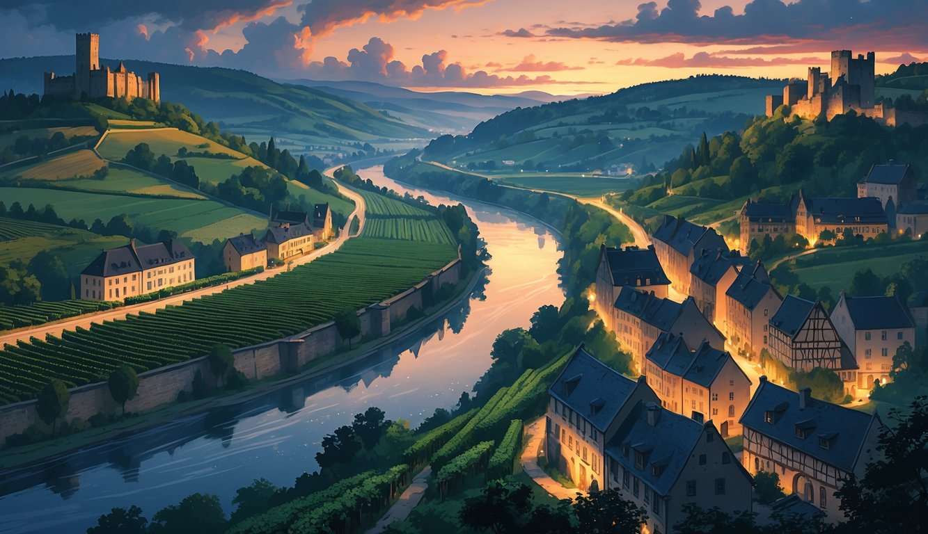 A scenic view of the Moselle Valley with a winding river, vineyards, ancient castles on hills, and small villages, suggesting a mysterious and historic atmosphere.