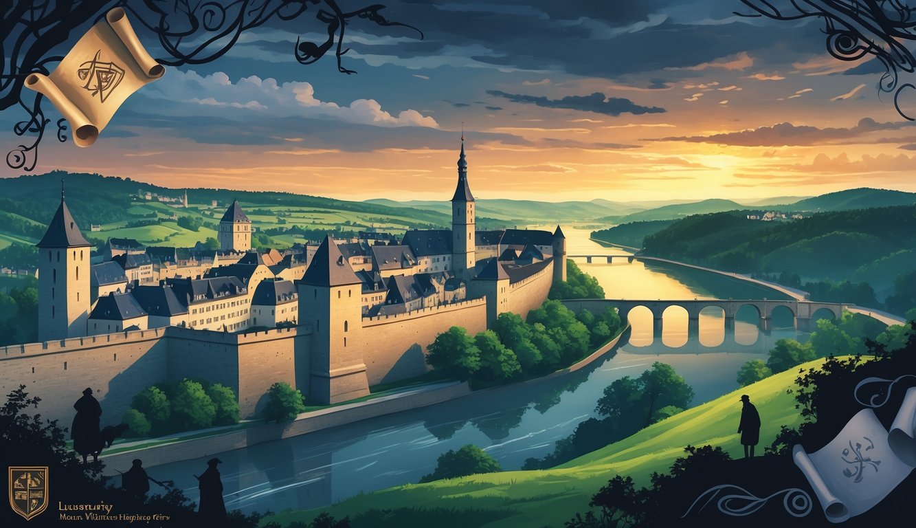 An illustration showing Luxembourg's old fortified city with stone walls and towers, surrounded by green hills and a river, with mysterious shadowy figures and ancient symbols suggesting historical secrets.