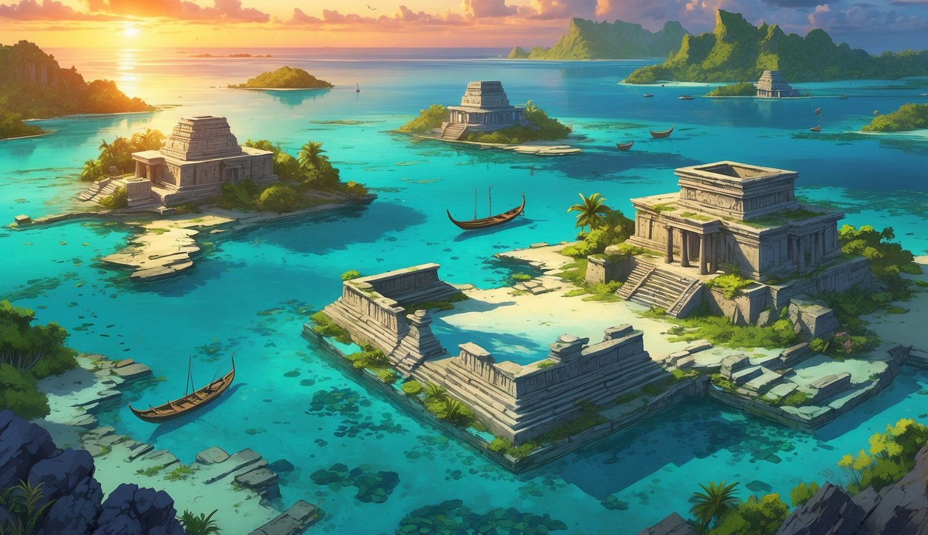 A tropical island scene with clear blue water revealing submerged ancient stone ruins and overgrown island ruins under a warm sunset sky.