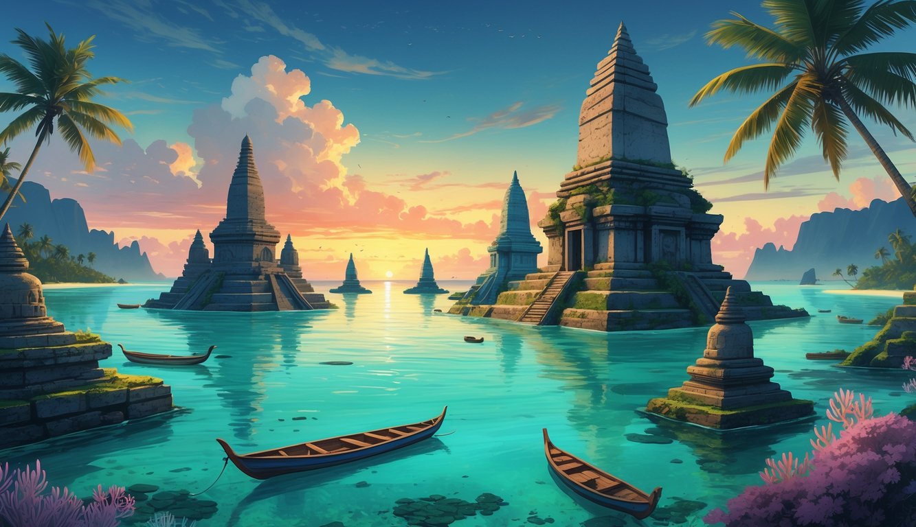 Ancient Buddhist stone monuments partially submerged in clear water near a tropical island with boats and a sunset sky.