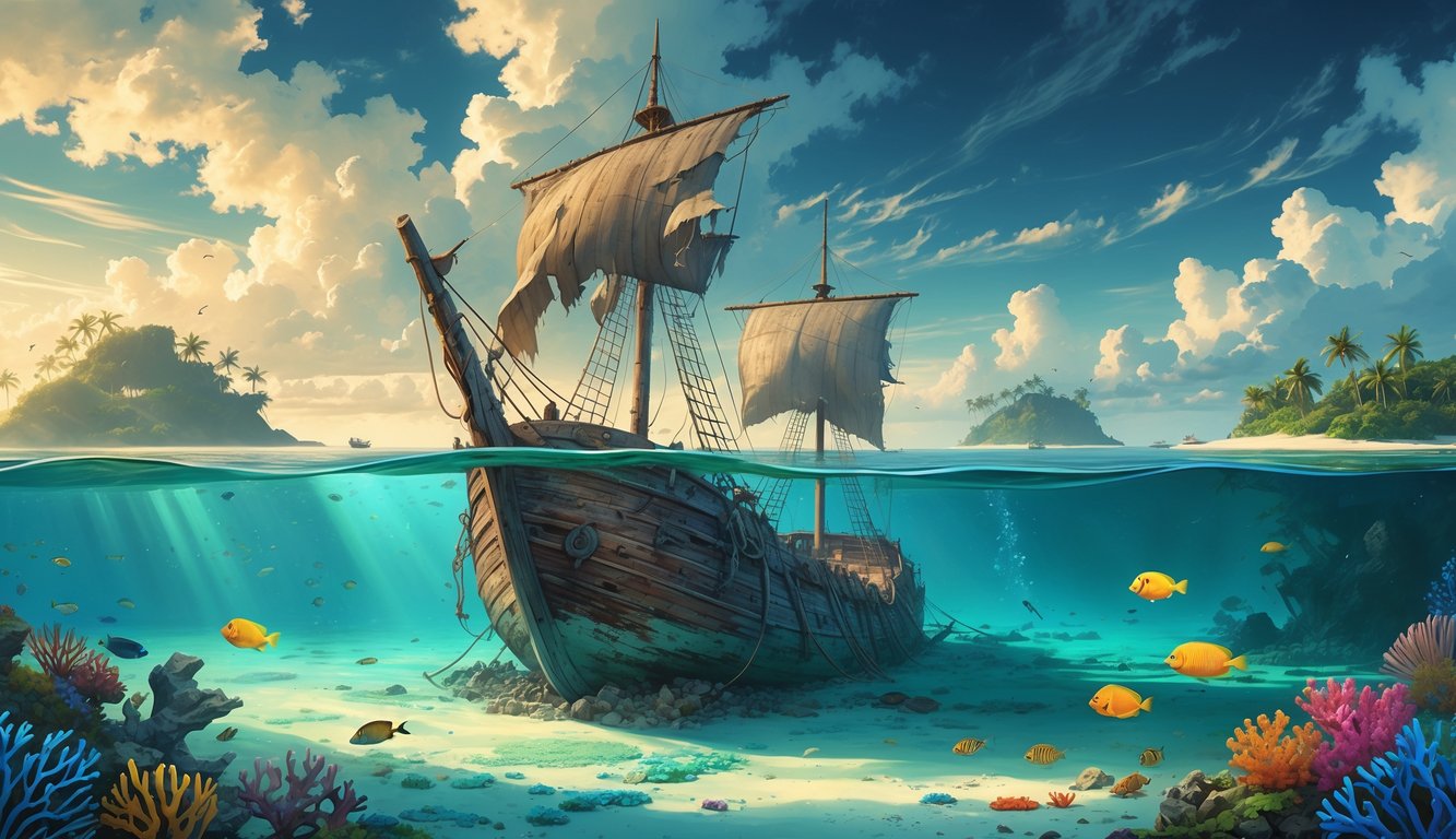 An ancient shipwreck partially submerged near coral reefs in clear turquoise waters, surrounded by colorful marine life and small tropical islands in the distance.
