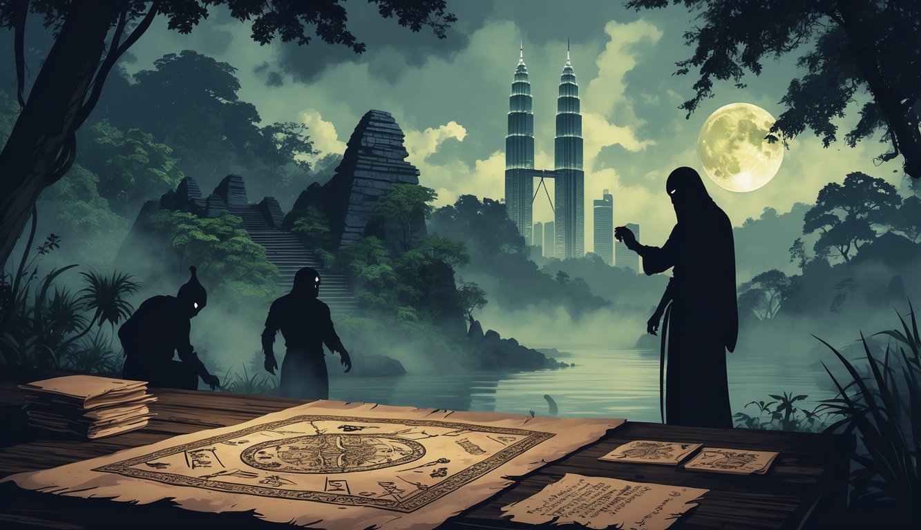 A scene showing ancient Malaysian ruins, traditional figures in a jungle, an old map with symbols, and a warrior silhouette by a river under a full moon.