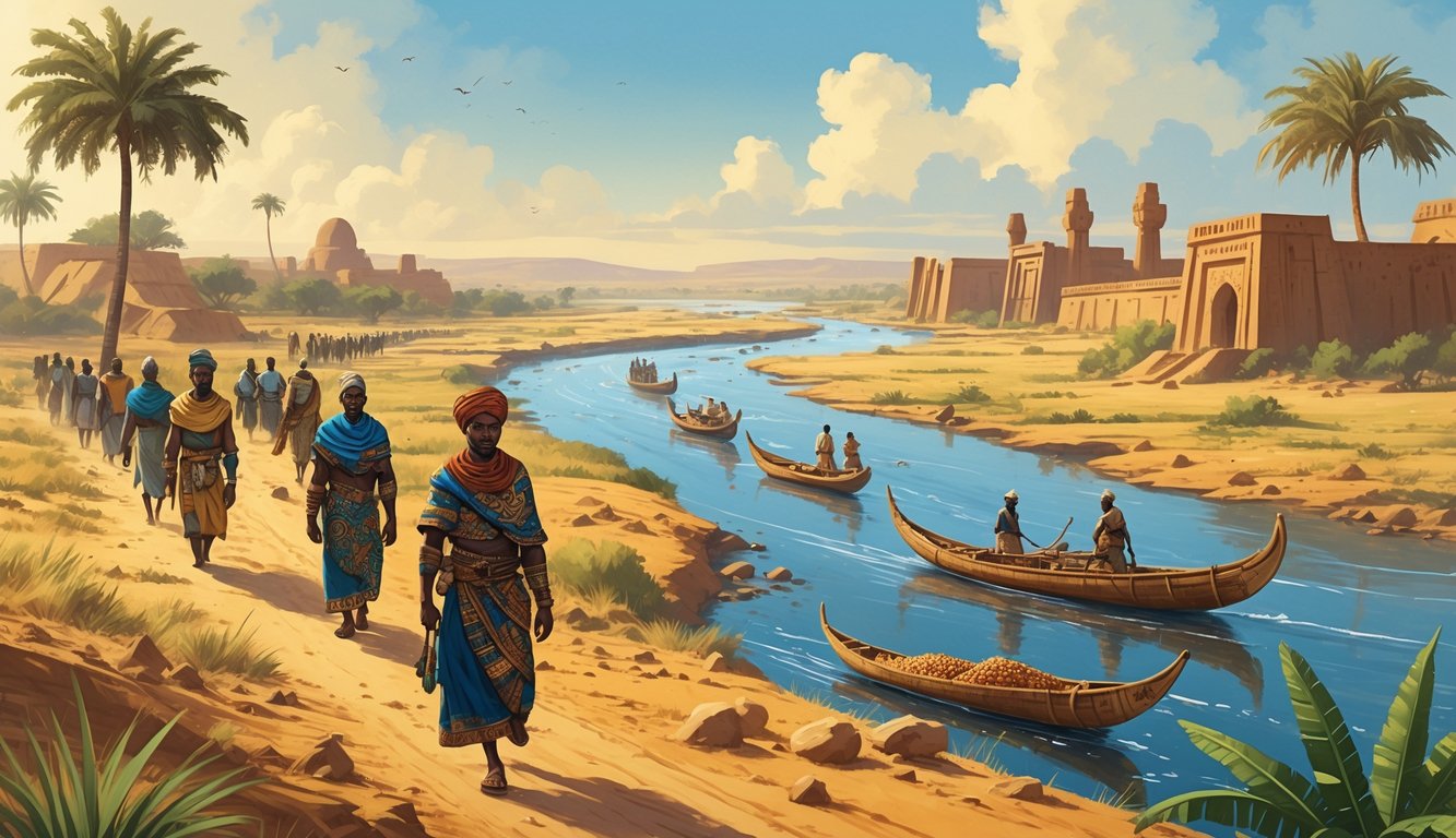 A historical scene showing Dyula and Wangara merchants traveling along trade routes in Mali with riverboats, traditional buildings, and African landscape.