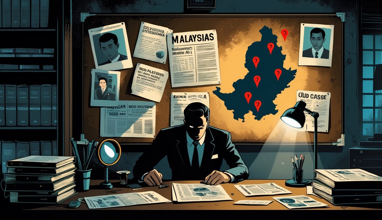 A detective office with a corkboard covered in photographs and newspaper clippings about unsolved cases in Malaysia, with a map marked by red pins and a shadowy figure observing.