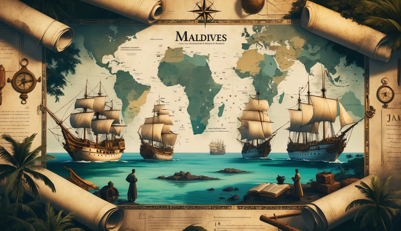 A map of the Maldives surrounded by colonial ships and historical artifacts, set against a tropical island background.