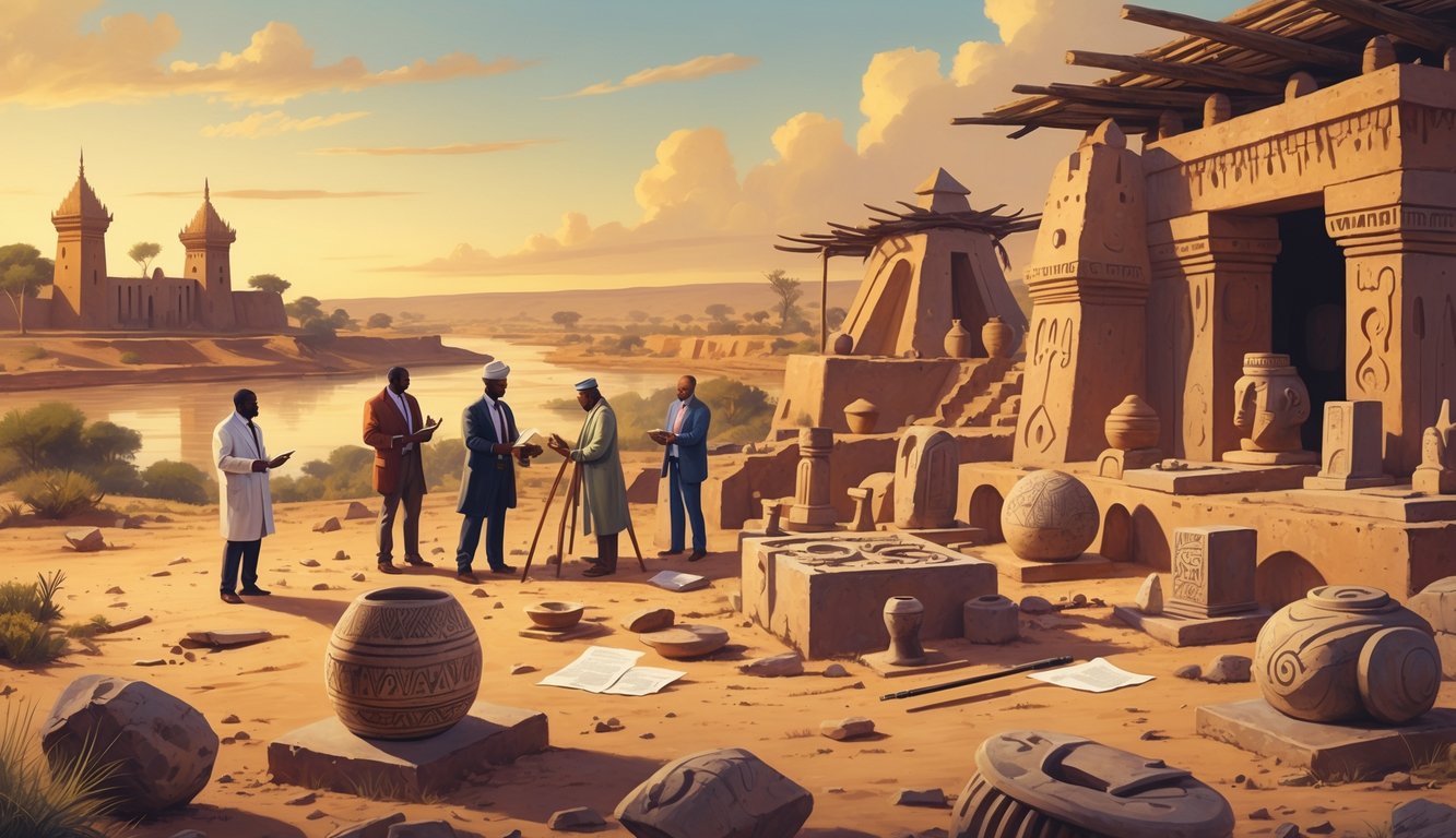 An archaeological site in Mali with ancient sculptures and artifacts being examined by researchers near traditional buildings and a river at sunset.