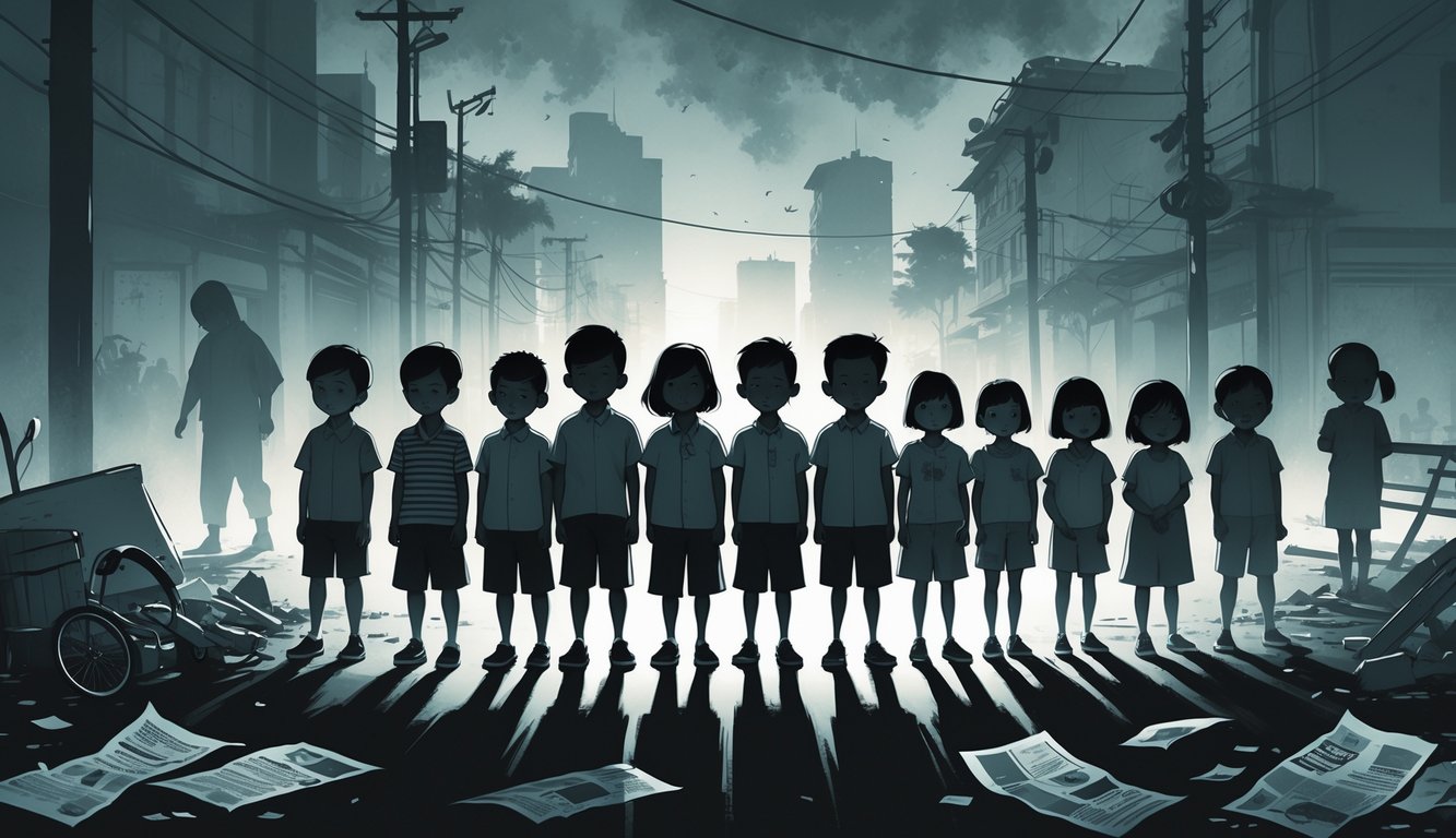 A group of Malaysian children standing together in a dim urban setting with faint ghostly figures and symbolic items around them, conveying remembrance and unresolved history.