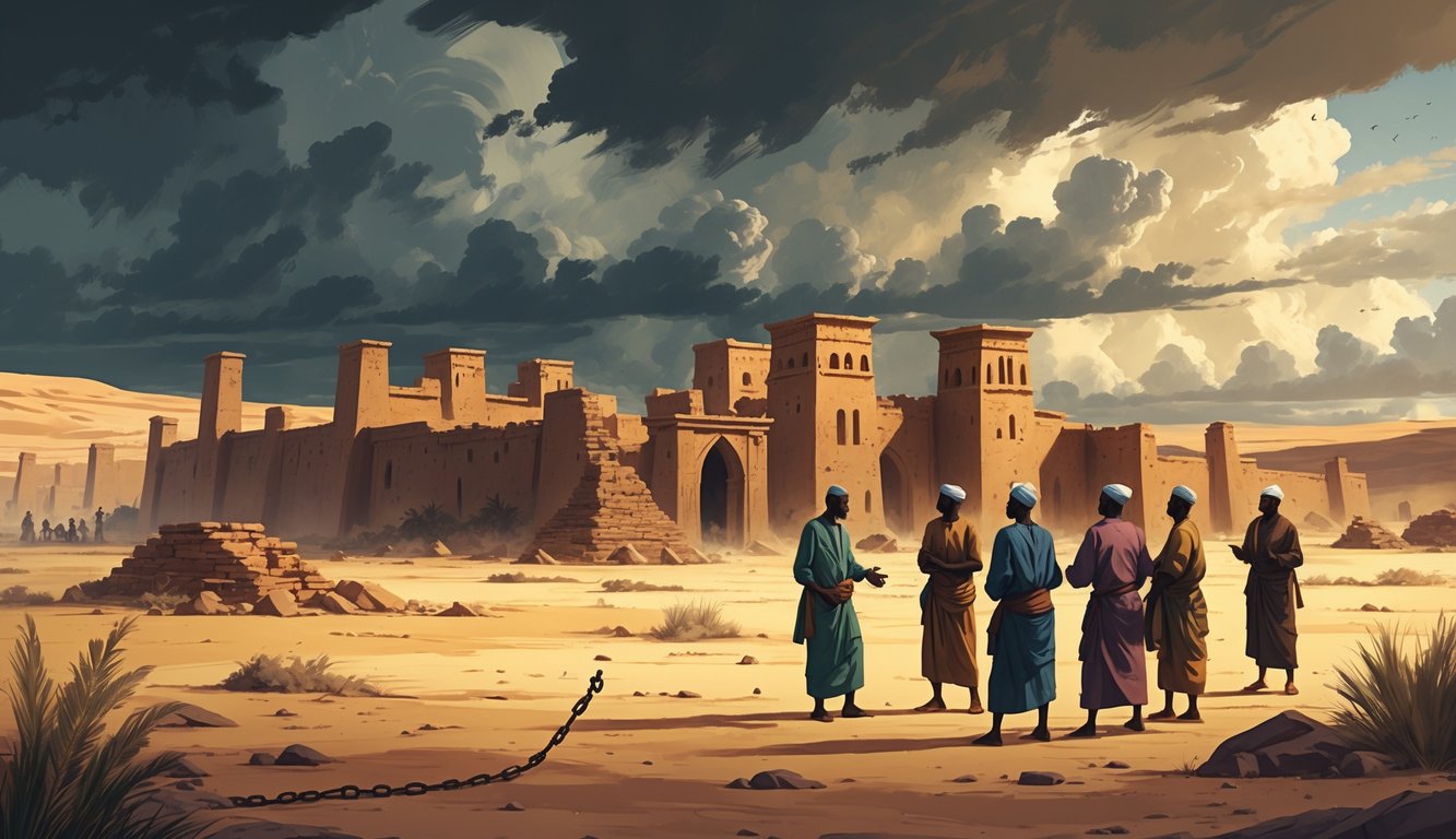 An ancient ruined city in Mali with traditional mud-brick buildings under a stormy sky, with people in traditional clothing discussing in the foreground.