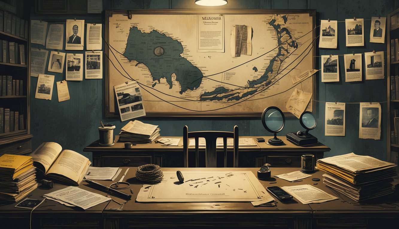 A detailed scene of a vintage police investigation room with case files, evidence boards, maps, and mysterious artifacts related to Malaysia's historical crime mysteries.