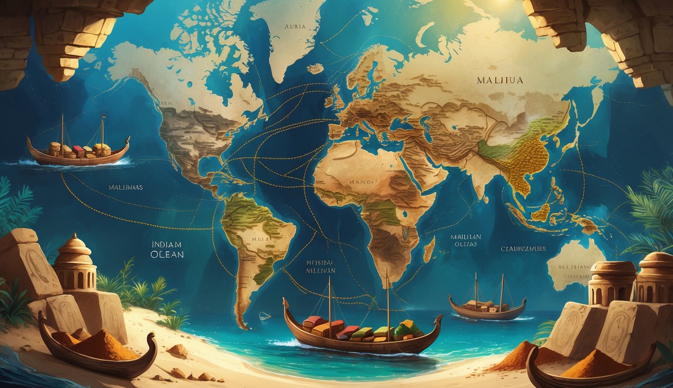 A map of the Indian Ocean showing the Maldives with ancient boats carrying spices, coral stone ruins, and treasure chests representing lost wealth and historic trade routes.