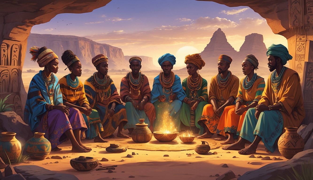 A group of diverse Malian people in traditional clothing gathered around ancient artifacts with Mali’s landscapes in the background, symbolizing the country’s hidden historical stories.