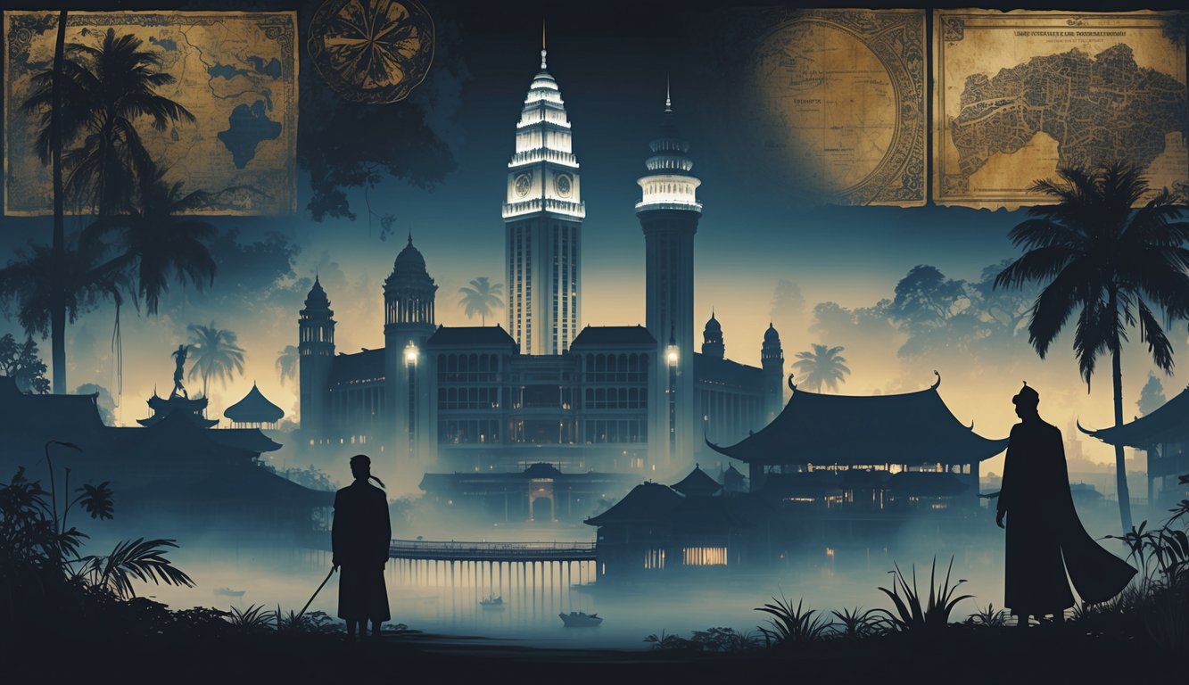 A foggy twilight scene showing landmarks of Selangor and Kuala Lumpur surrounded by ancient artifacts and shadowy figures, suggesting historical mysteries.