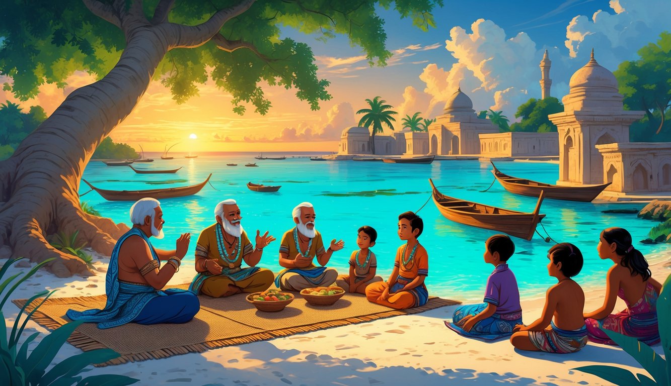 A group of Maldivian elders and children sitting by the shore under a large tree, sharing stories with traditional boats and ancient ruins in the background.