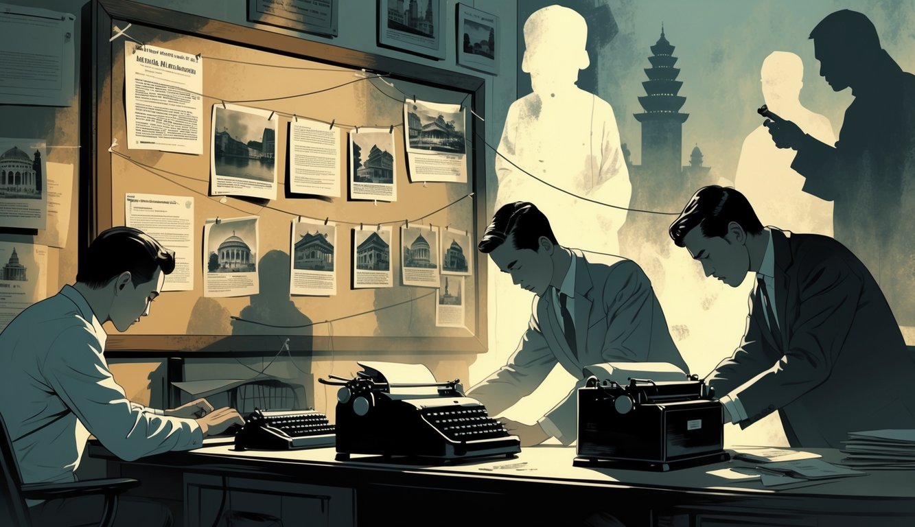 Journalists in a vintage newsroom investigating Malaysia's historical unsolved mysteries with photographs and documents connected on a bulletin board, with faint images of Malaysian landmarks in the background.