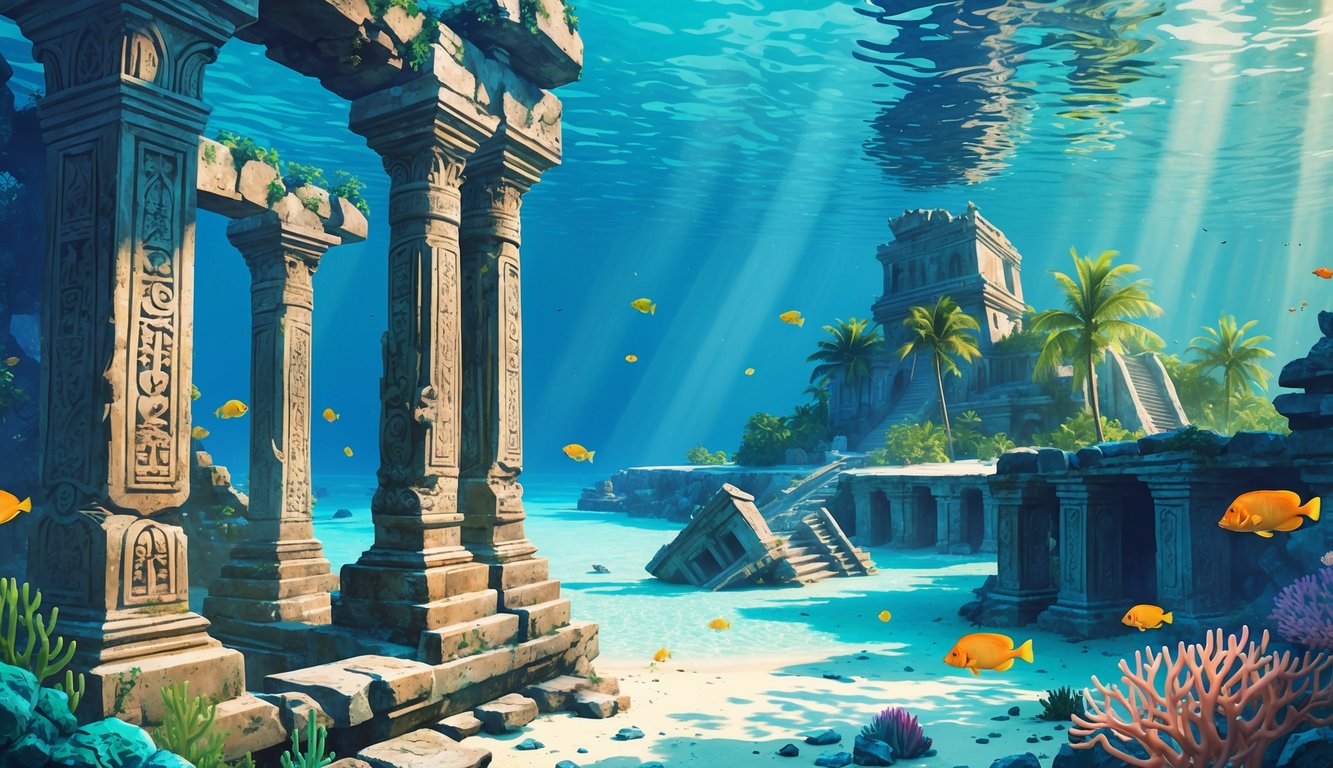 Underwater ancient stone ruins with carvings surrounded by coral reefs and tropical fish near a small island in the Maldives.