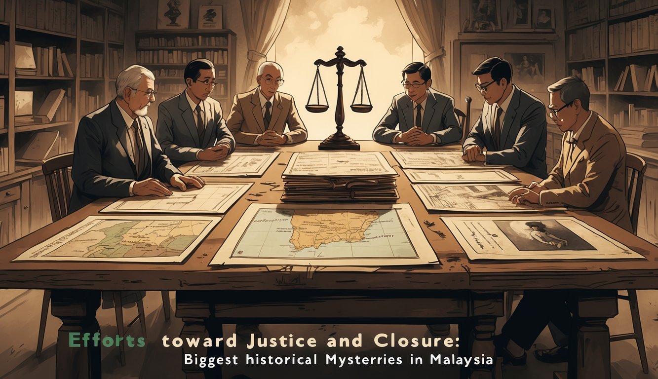 A group of people gathered around a table covered with old documents and photographs, examining evidence related to Malaysia's historical mysteries in a study filled with books and artifacts.