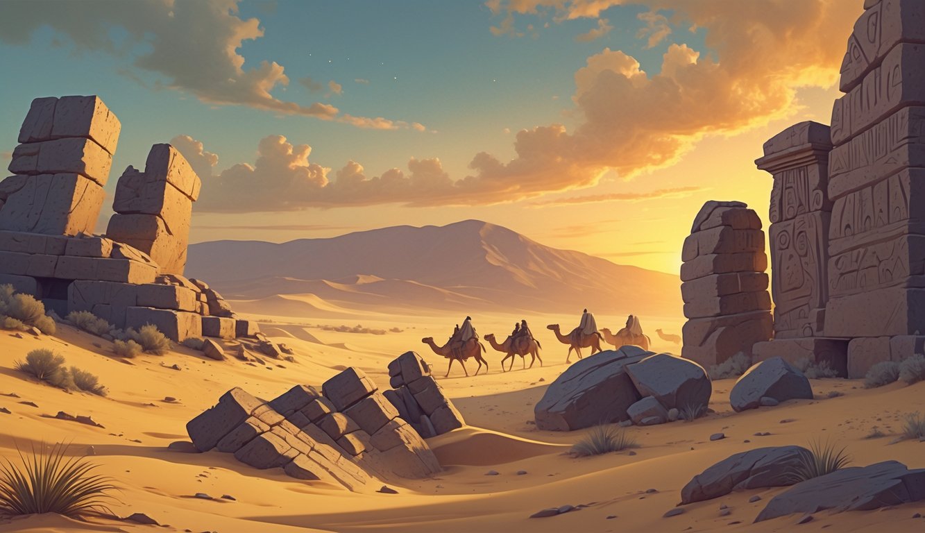 A desert scene in Mauritania showing ancient stone ruins, petroglyphs on rocks, camels crossing sand dunes, and a mysterious shadow near the ruins under a sunset sky.