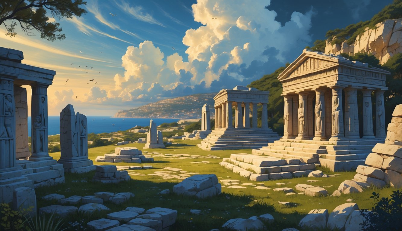 Ancient Maltese stone temples and underground structures surrounded by Mediterranean landscape under a dramatic sky, evoking mystery and history.