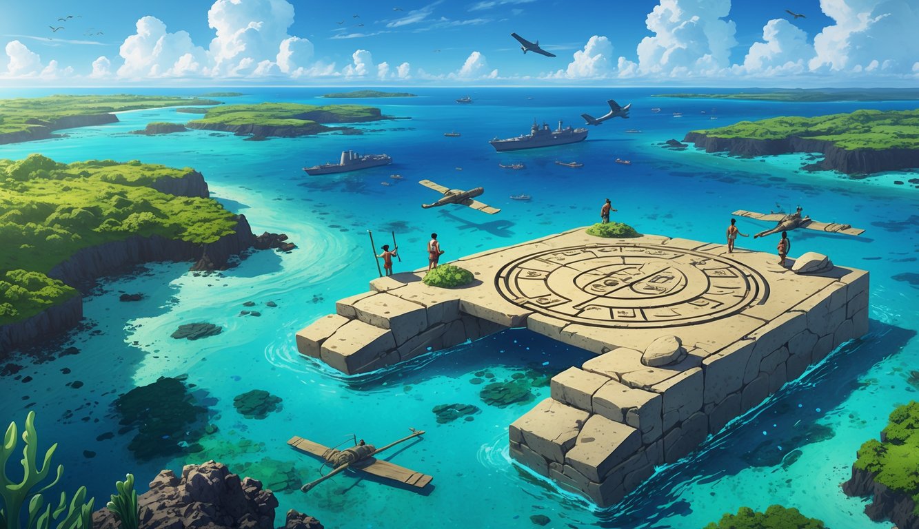Aerial view of Marshall Islands with ancient stone ruins, traditional navigators using stick charts, and ghostly World War II ships in the background, surrounded by clear ocean and vibrant marine life.