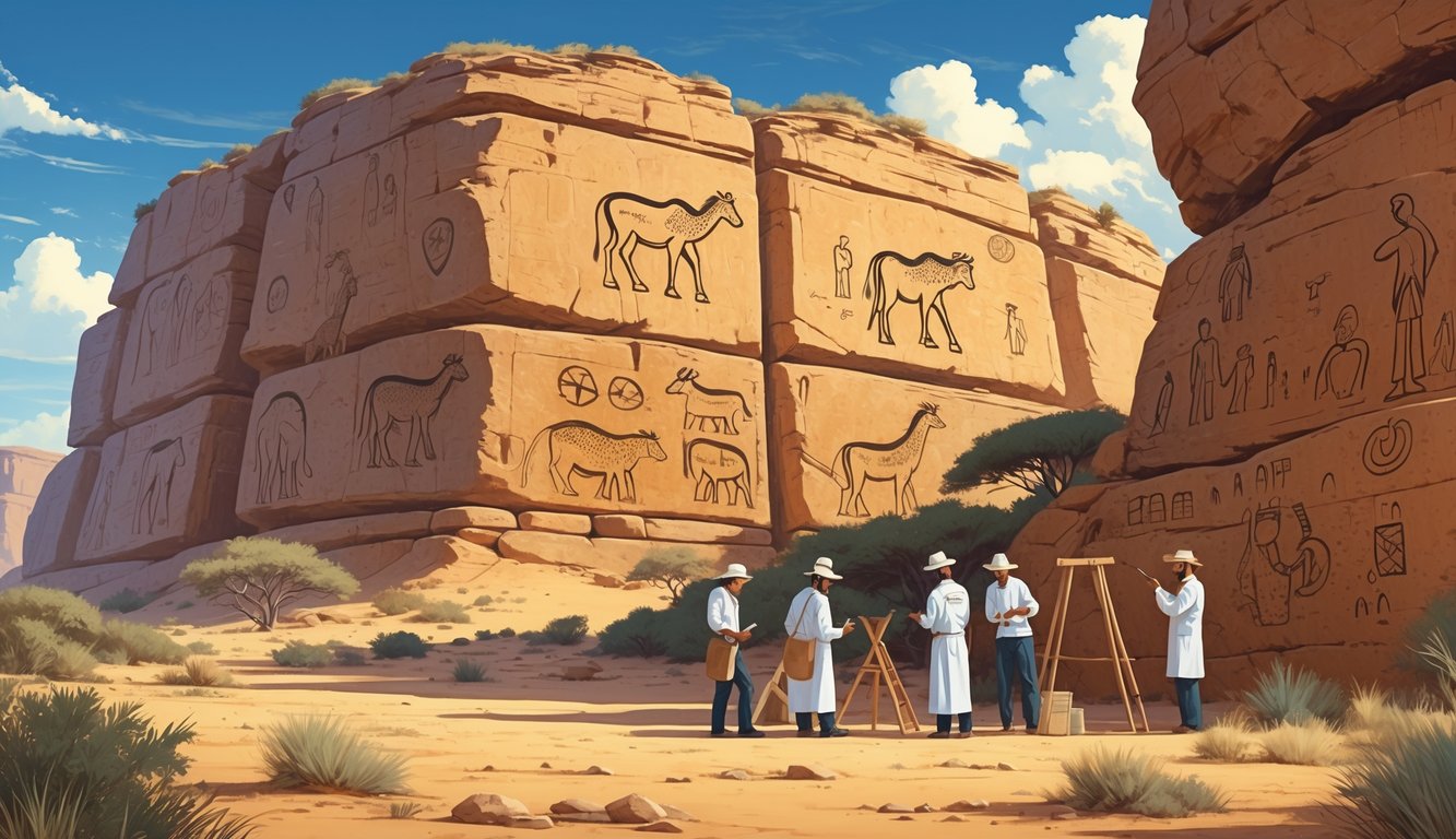 A rocky desert landscape with ancient carved rock art showing human figures and animals, with people studying the carvings.