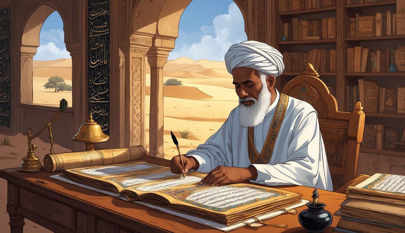 An elderly Islamic scholar in traditional Mauritanian clothing studies ancient manuscripts at a wooden desk inside a historic library with desert dunes visible outside.