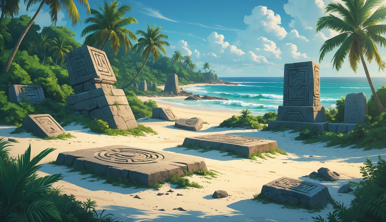 A tropical island with ancient stone monuments and mysterious carved artifacts surrounded by lush greenery and ocean shore.