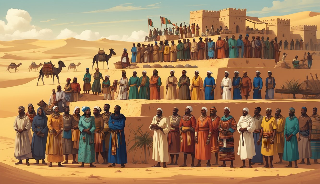 A group of diverse people in traditional Mauritanian clothing arranged to show social hierarchy, set against a desert landscape with dunes and historic buildings.