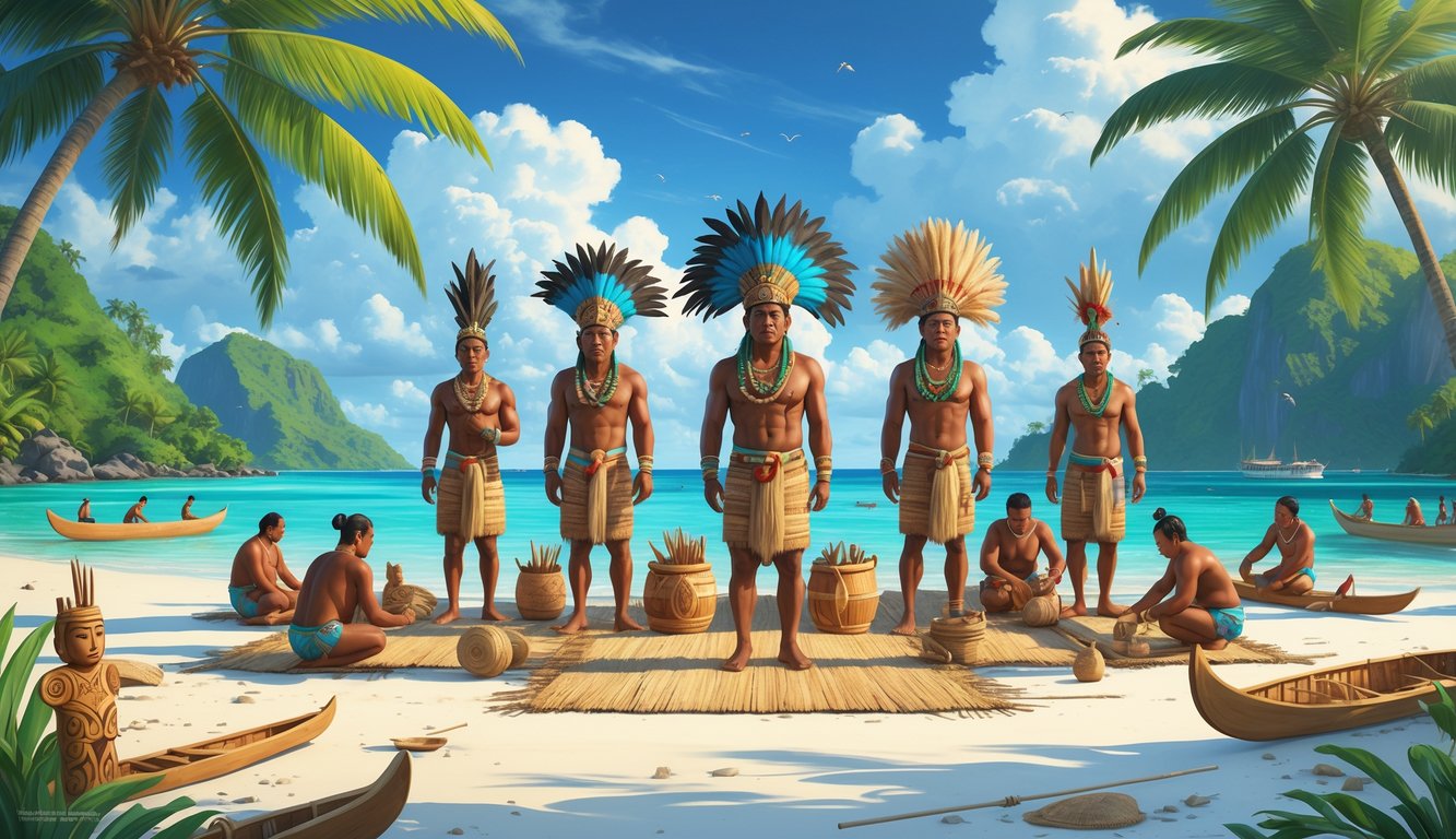 Marshallese chiefs in traditional dress surrounded by community members performing daily activities on a tropical island with canoes and cultural artifacts.